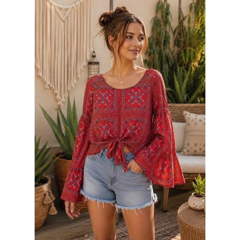 Altar'd State Red Bandana Paisley Tiered Bell Sleeve Tie Front Blouse Medium